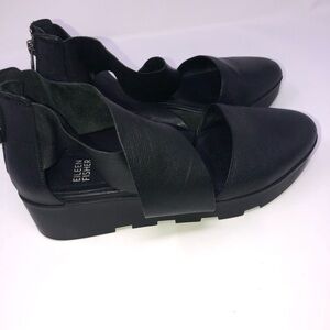 𝅺Eileen Fisher Bovery Shoes black Leather Zip Heel size 6.5 wedge sandals